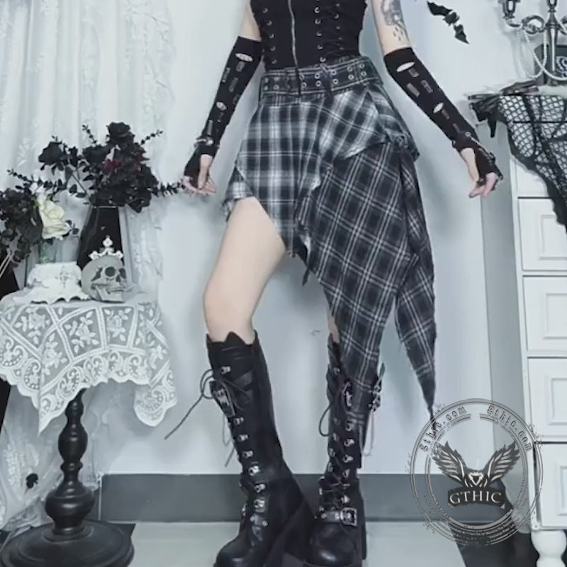 Dark Gothic Style Irregular Black Plaid Skirt
