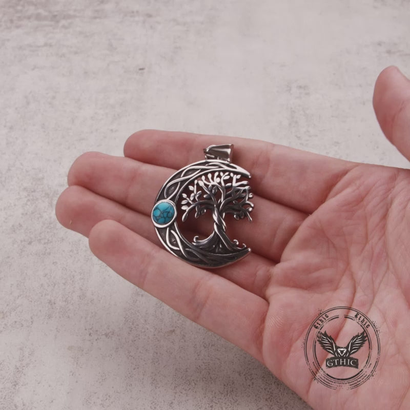 Moon Tree of Life Turquoise Stainless Steel Pendant