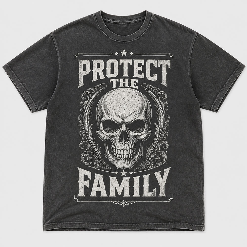 Protect The Family Skull Graphic Vintage Washed T-Shirt | Gthic.com
