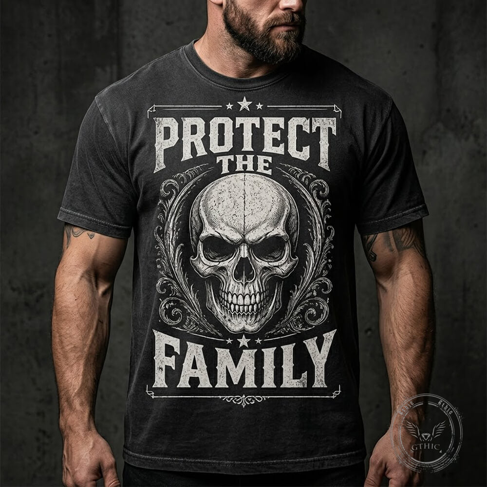 Protect The Family Skull Graphic Vintage Washed T-Shirt | Gthic.com