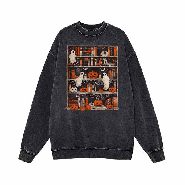 Pumpkin Head Ghost Bookshelf Vintage Washed Hoodie Sweatshirt 02 | Gthic.com