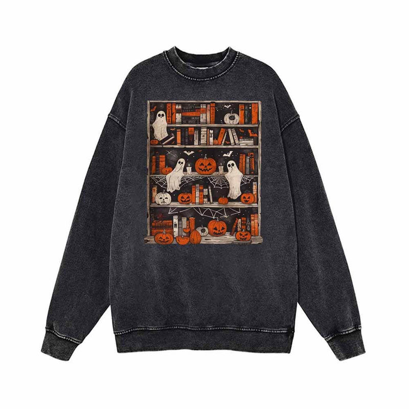 Pumpkin Head Ghost Bookshelf Vintage Washed Hoodie Sweatshirt 02 | Gthic.com