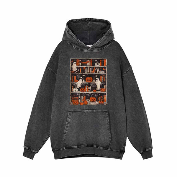 Pumpkin Head Ghost Bookshelf Vintage Washed Hoodie Sweatshirt 01 | Gthic.com