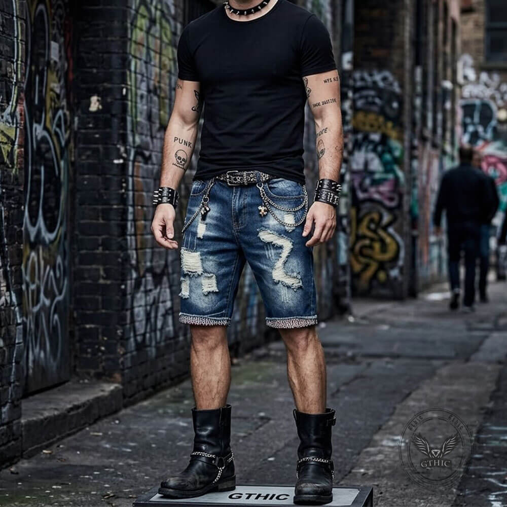 Punk-Style Distressed Straight-Leg Denim Shorts | Gthic.com