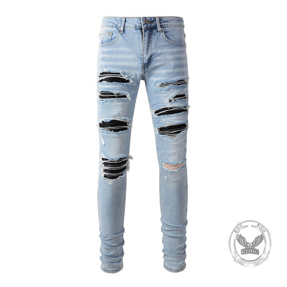 Punk-Style Slim-Fit Patches Distressed Jeans
