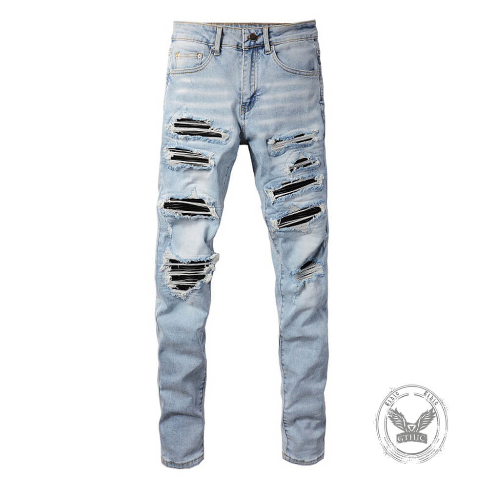 Punk-Style Slim-Fit Patches Distressed Jeans