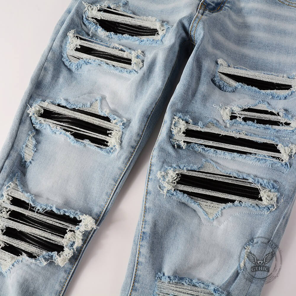Punk-Style Slim-Fit Patches Distressed Jeans