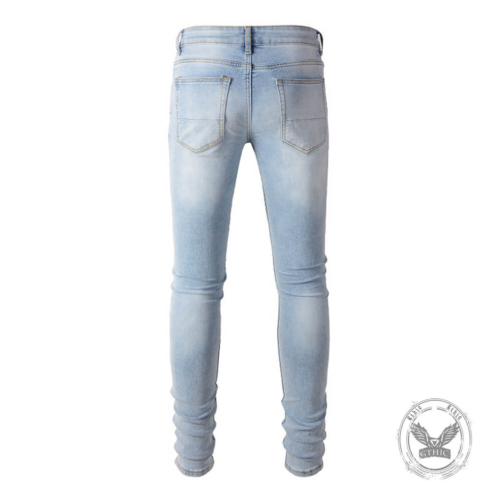 Punk-Style Slim-Fit Patches Distressed Jeans
