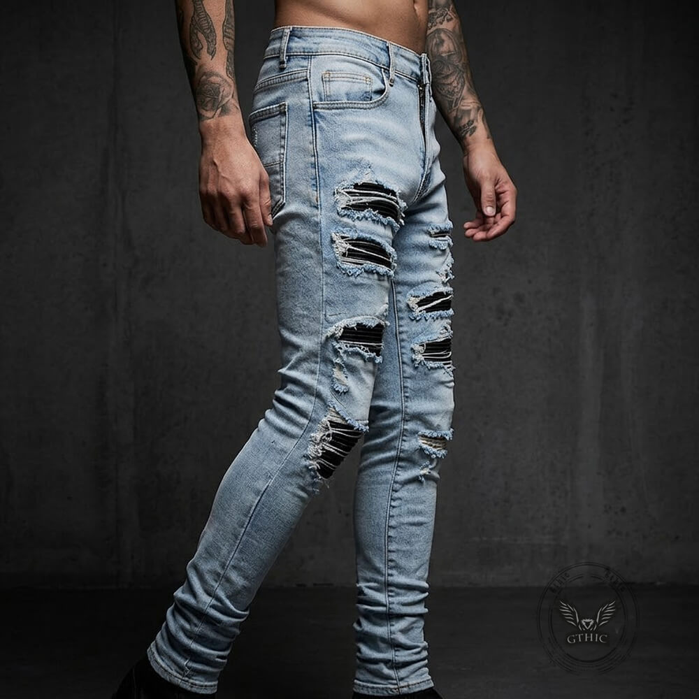Punk-Style Slim-Fit Patches Distressed Jeans | Gthic.com