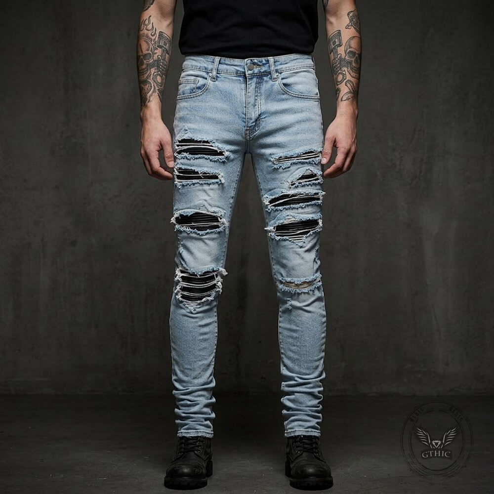 Punk-Style Slim-Fit Patches Distressed Jeans | Gthic.com