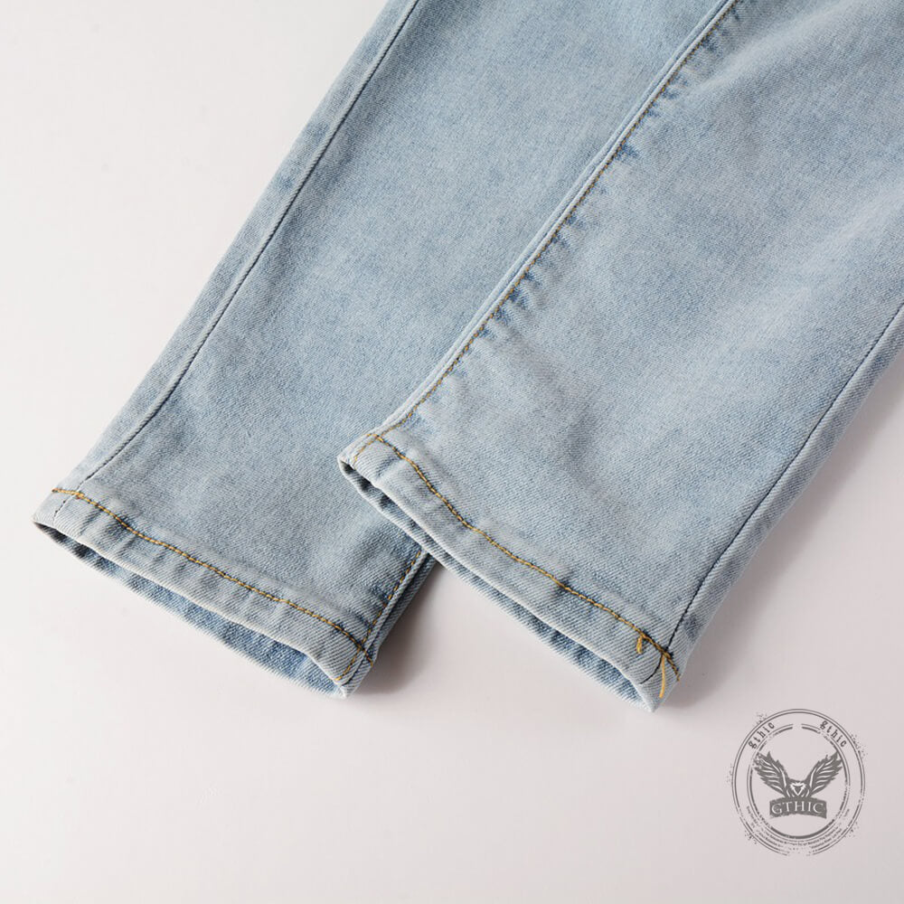 Punk-Style Slim-Fit Patches Distressed Jeans