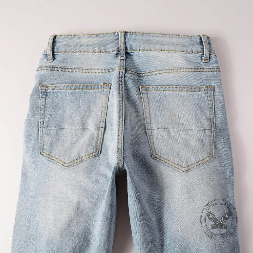 Punk-Style Slim-Fit Patches Distressed Jeans