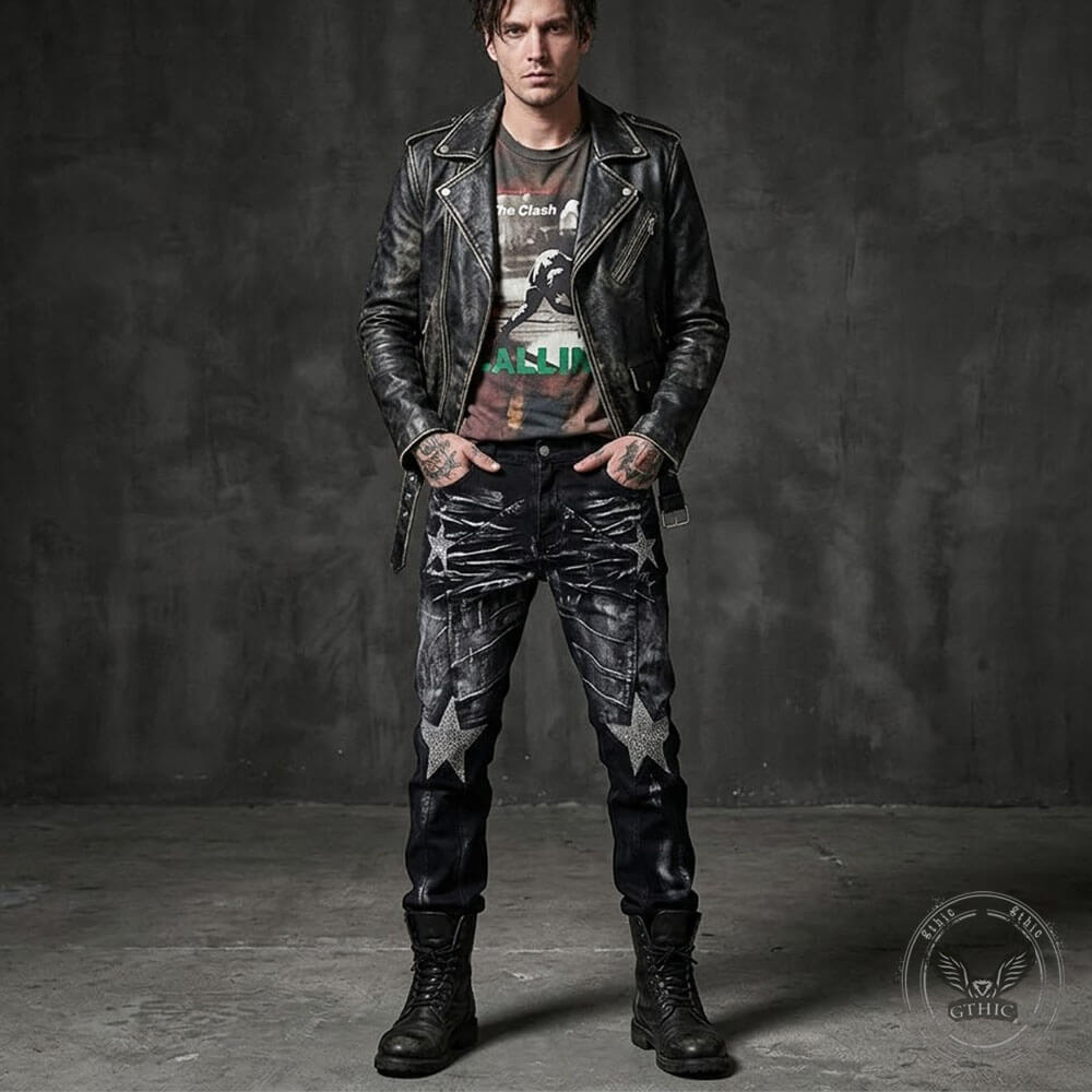 Punk-Style Slim-Fit Stretch Straight-Leg Paneled Jeans | Gthic.com