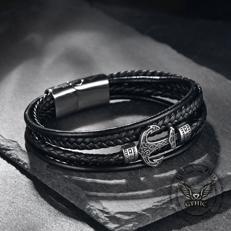 Punk Anchor Multi-layer Braided Leather Bracelet | Gthic.com