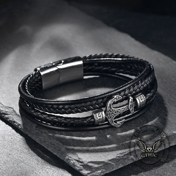 Punk Anchor Multi-layer Braided Leather Bracelet | Gthic.com