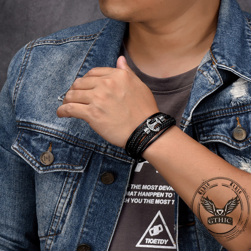 Punk Anchor Multi-layer Braided Leather Bracelet | Gthic.com