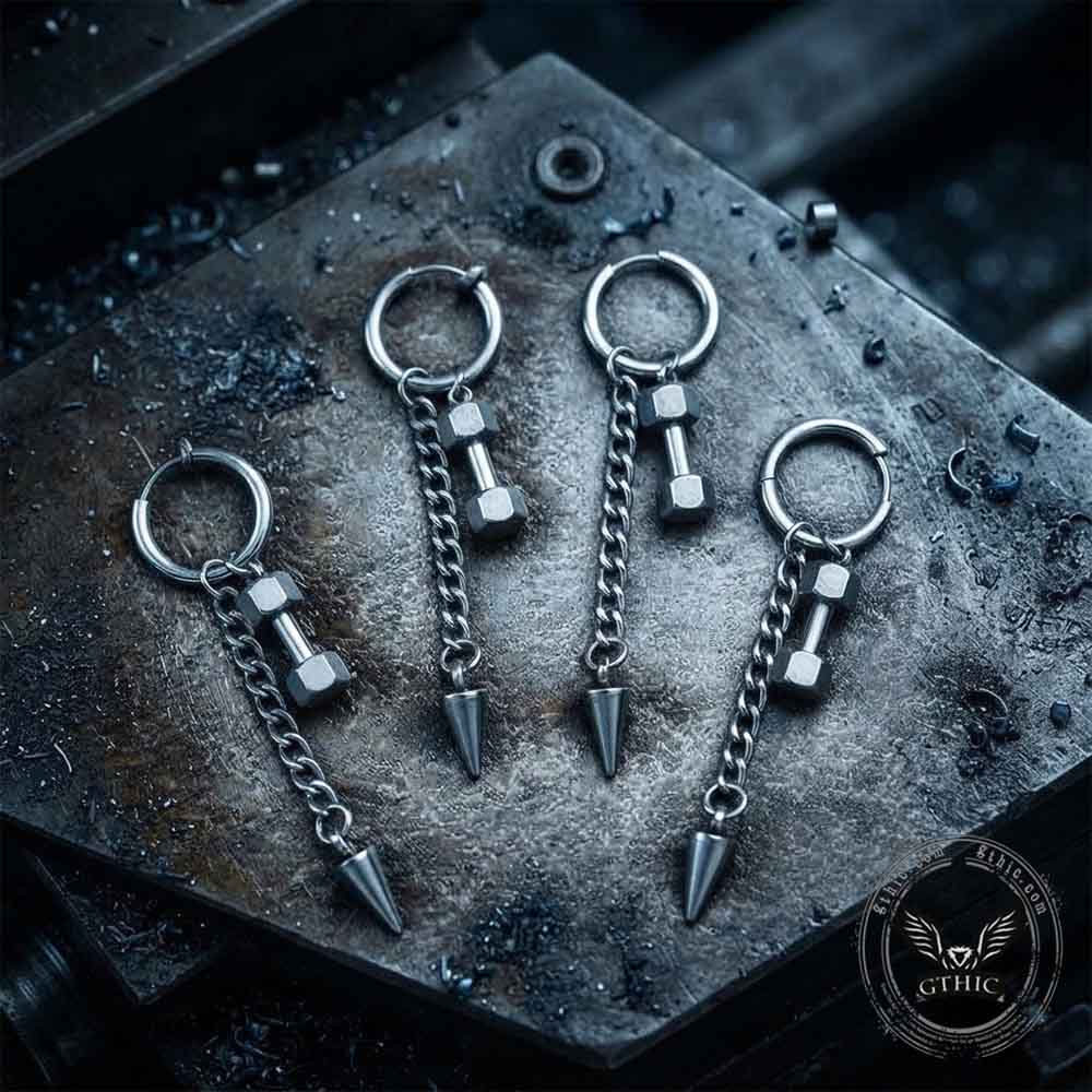 Punk Barbell And Tassel Stainless Steel Drop Earrings | Gthic.com