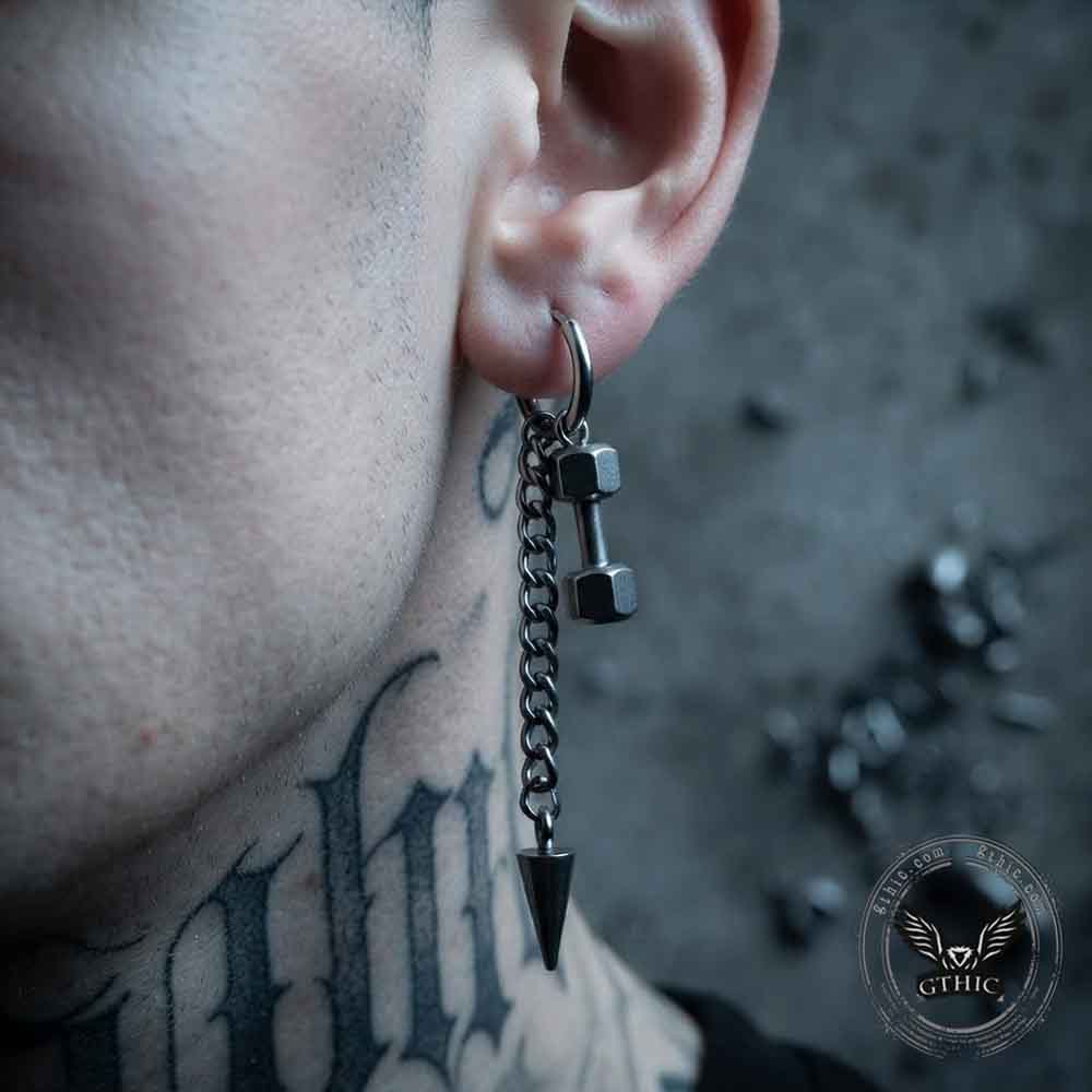 Punk Barbell And Tassel Stainless Steel Drop Earrings | Gthic.com