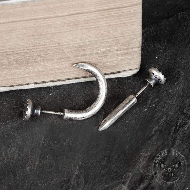 Punk Bent Hook Straight Nail Sterling Silver Stud Earring