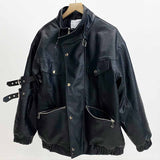 Punk Biker Loose Stand Collar PU Leather Jacket | Gthic.com