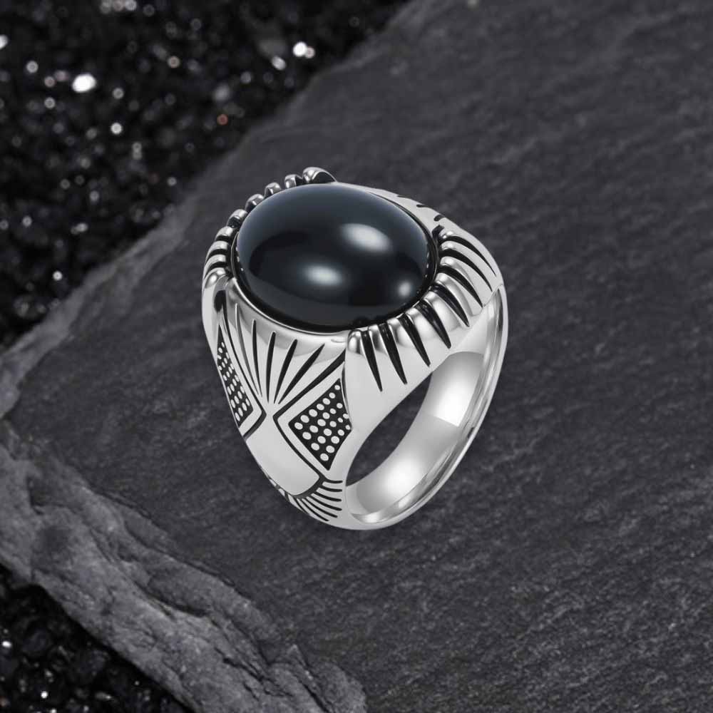 Punk Black Gemstone Stainless Steel Biker Ring | Gthic.com