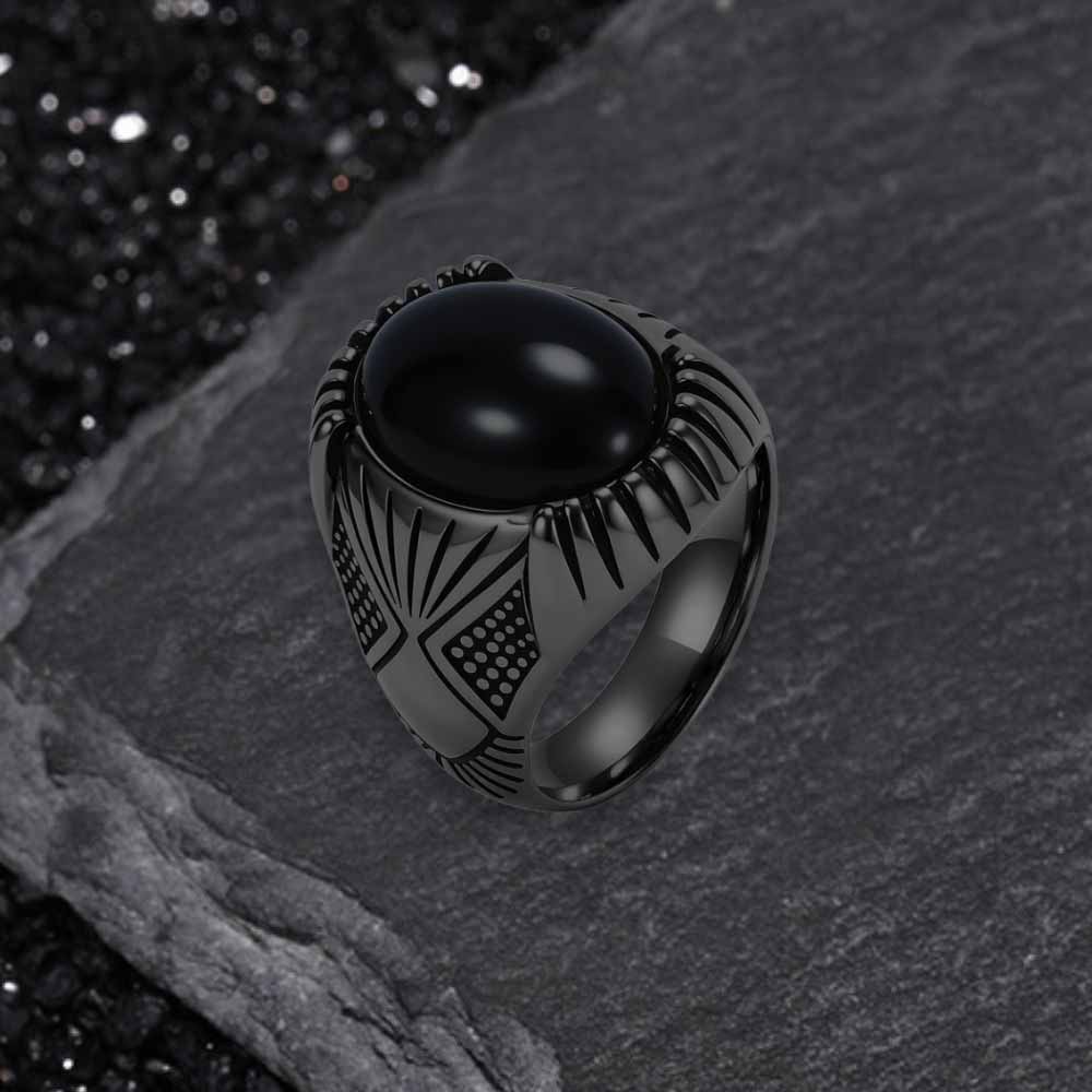 Punk Black Gemstone Stainless Steel Biker Ring