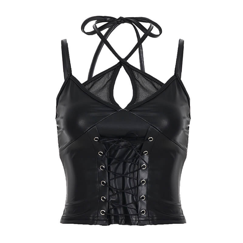 Punk Black Leather Lace Sexy Slim Halter Tank Top