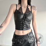 Punk Black Leather Lace Sexy Slim Halter Tank Top | Gthic.com
