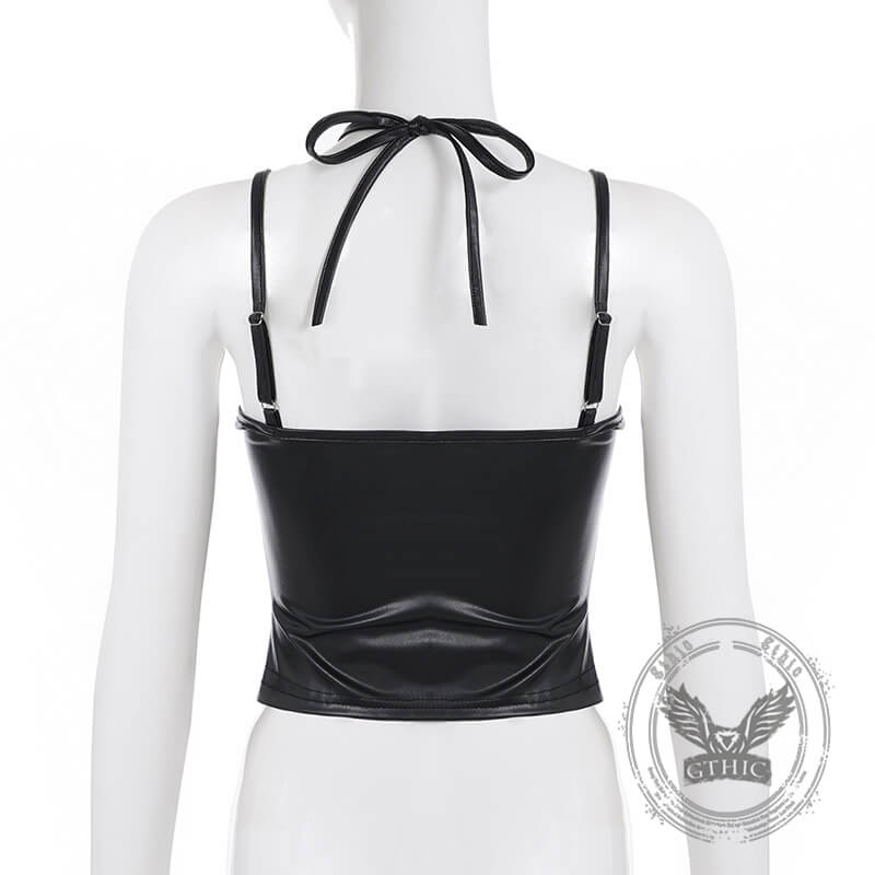 Punk Black Leather Lace Sexy Slim Halter Tank Top