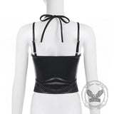 Punk Black Leather Lace Sexy Slim Halter Tank Top
