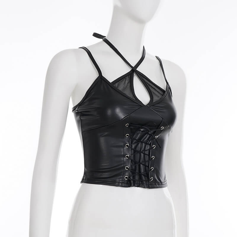 Punk Black Leather Lace Sexy Slim Halter Tank Top