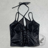 Punk Black Leather Lace Sexy Slim Halter Tank Top