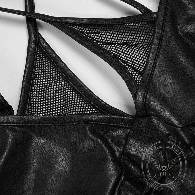 Punk Black Leather Lace Sexy Slim Halter Tank Top