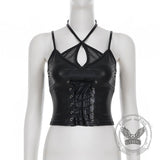Punk Black Leather Lace Sexy Slim Halter Tank Top | Gthic.com
