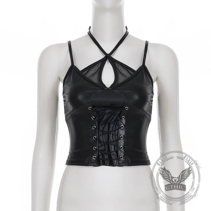 Punk Black Leather Lace Sexy Slim Halter Tank Top | Gthic.com