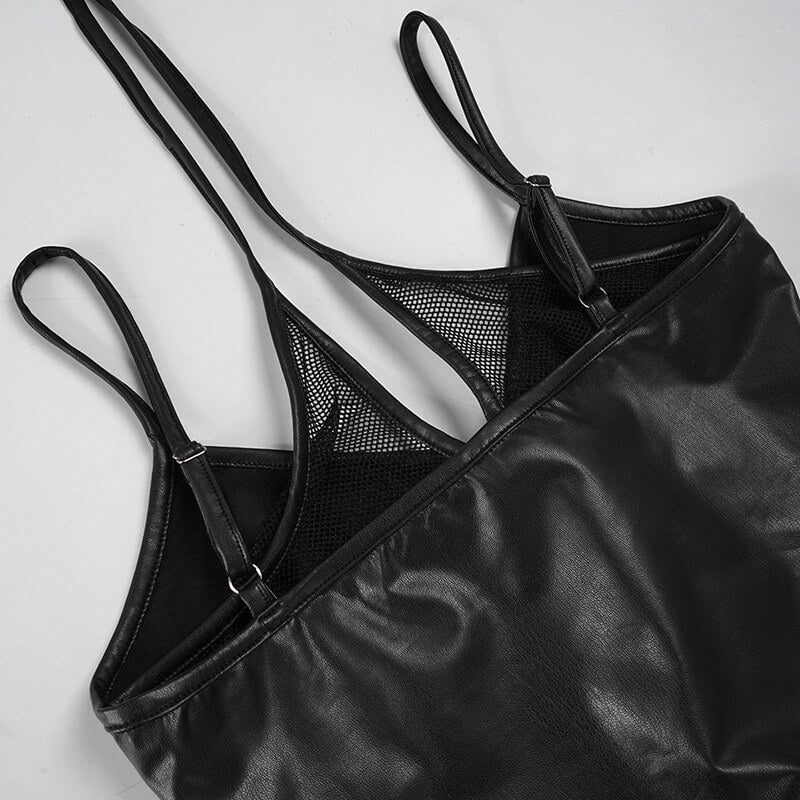 Punk Black Leather Lace Sexy Slim Halter Tank Top