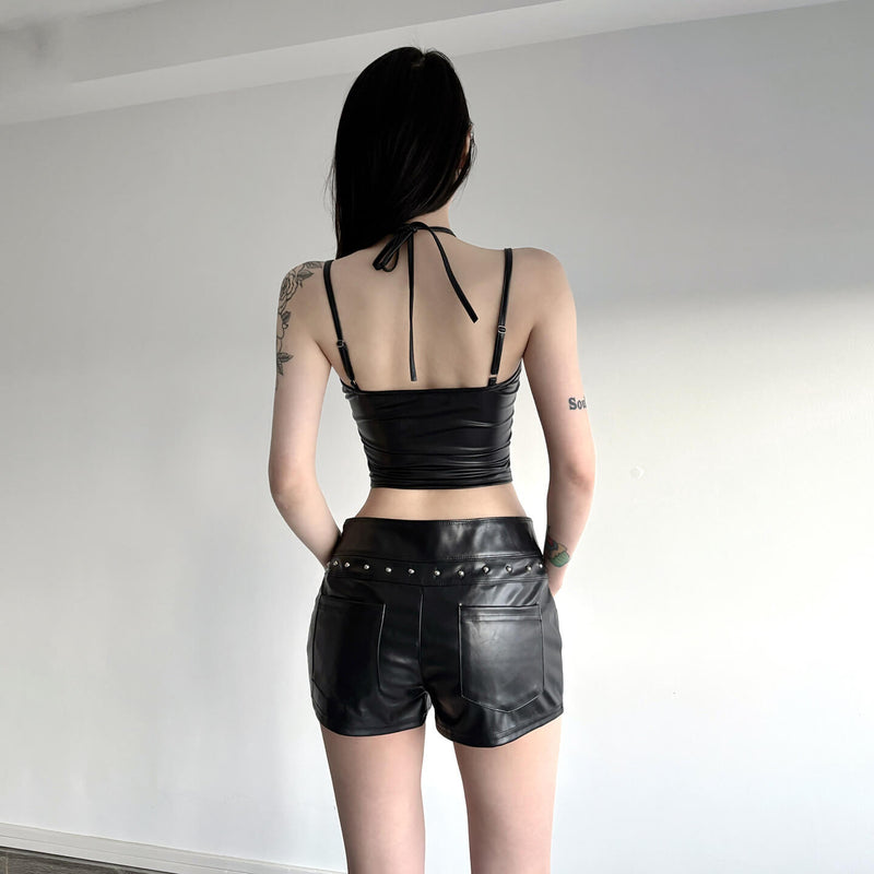 Punk Black Leather Lace Sexy Slim Halter Tank Top | Gthic.com