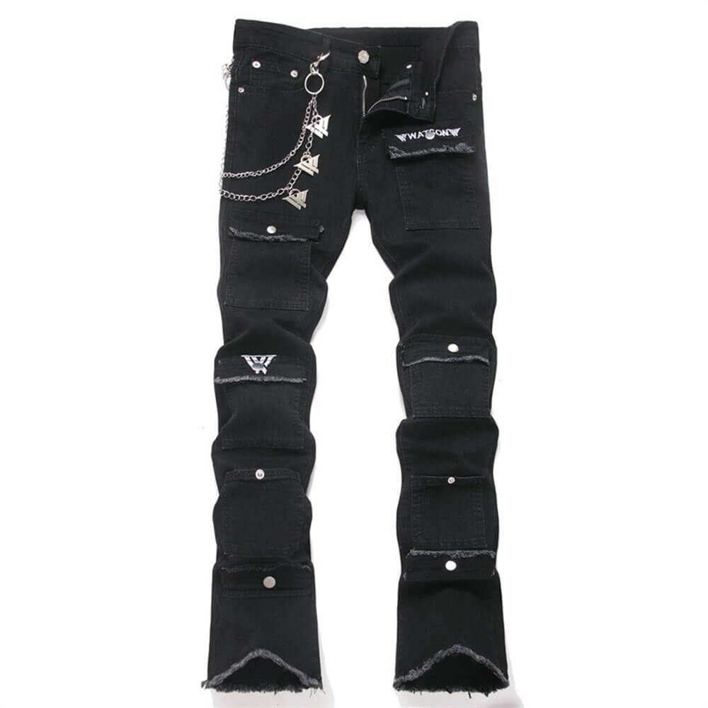 Punk Black Slim-Fit Chain Straight-Leg Ripped Jeans | Gthic.com