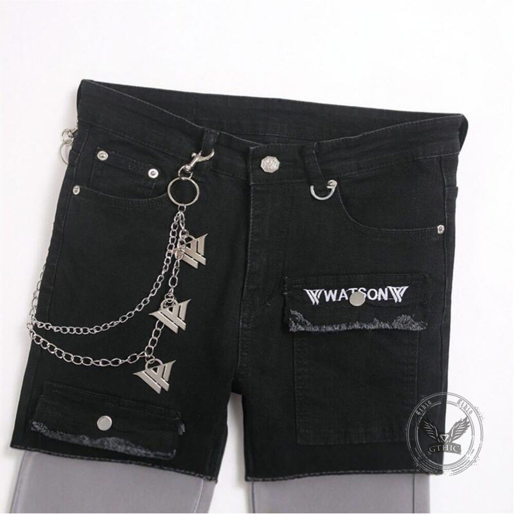 Punk Black Slim-Fit Chain Straight-Leg Ripped Jeans