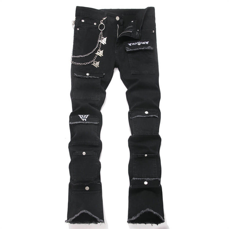 Punk Black Slim-Fit Chain Straight-Leg Ripped Jeans – GTHIC