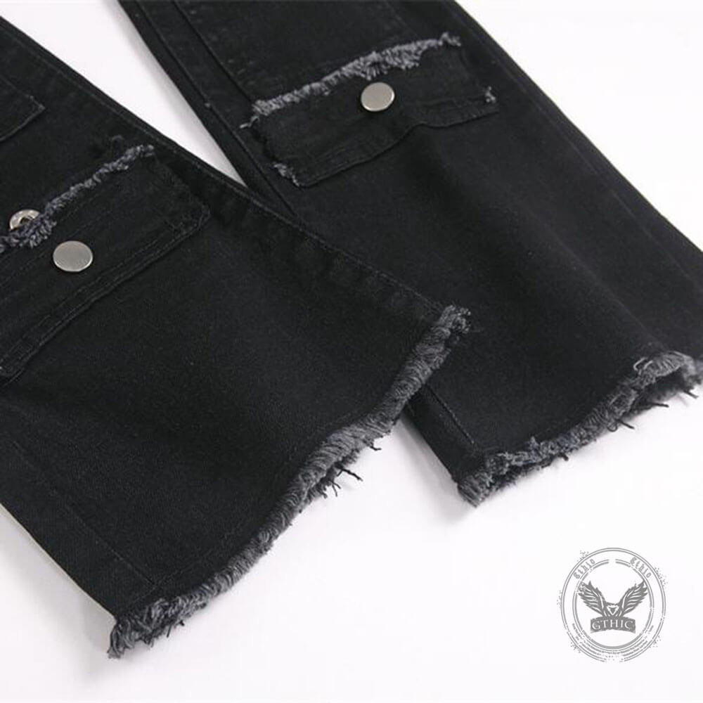 Punk Black Slim-Fit Chain Straight-Leg Ripped Jeans