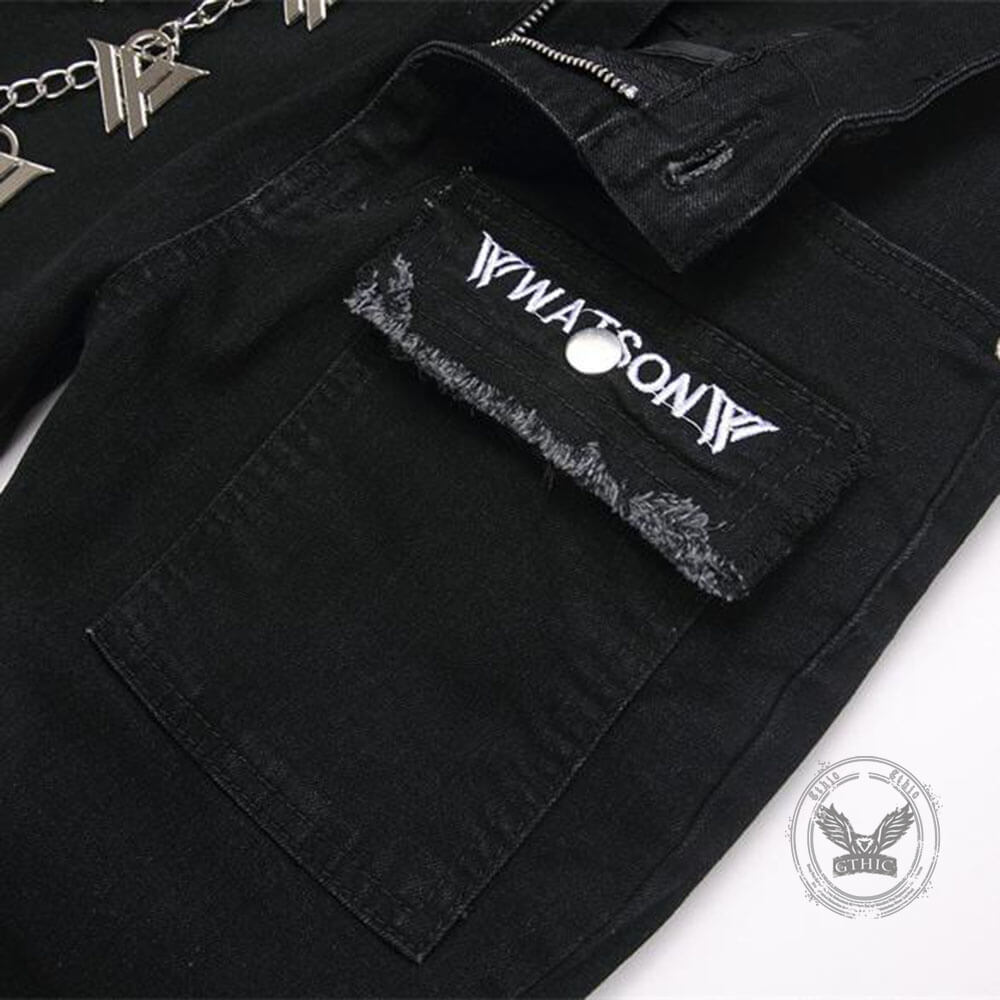 Punk Black Slim-Fit Chain Straight-Leg Ripped Jeans