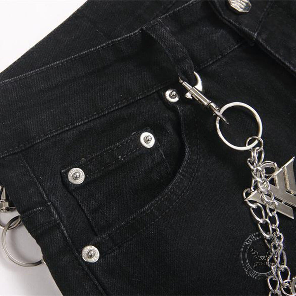 Punk Black Slim-Fit Chain Straight-Leg Ripped Jeans