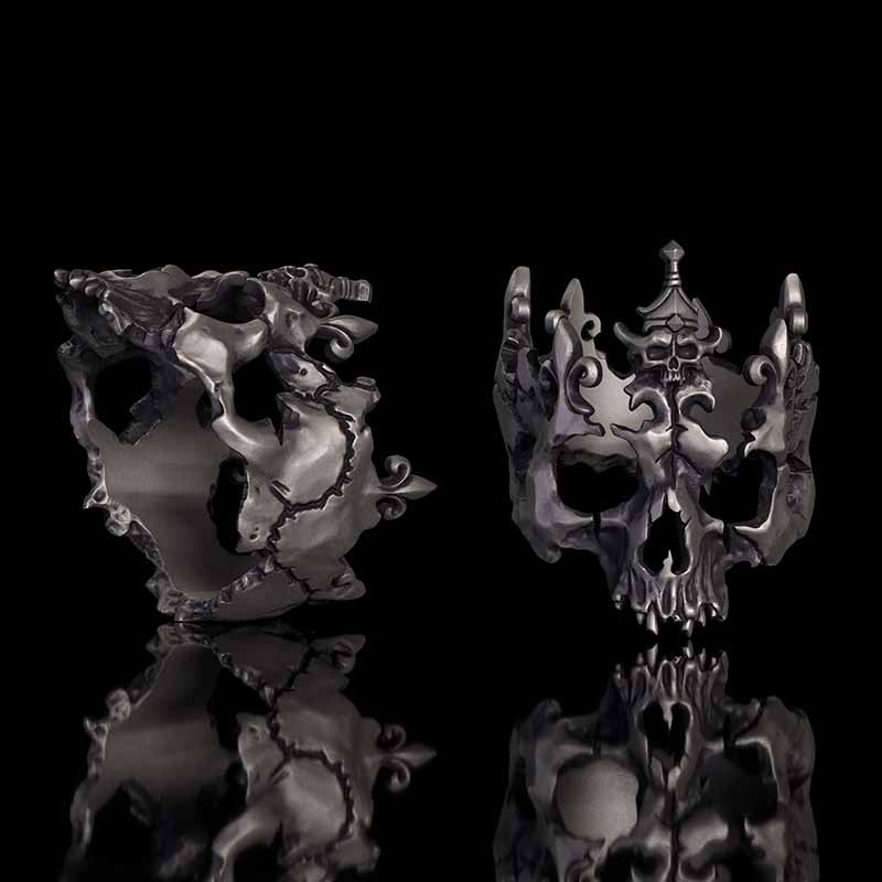 Punk Broken Skull Head Sterling Silver Ring 01 | Gthic.com