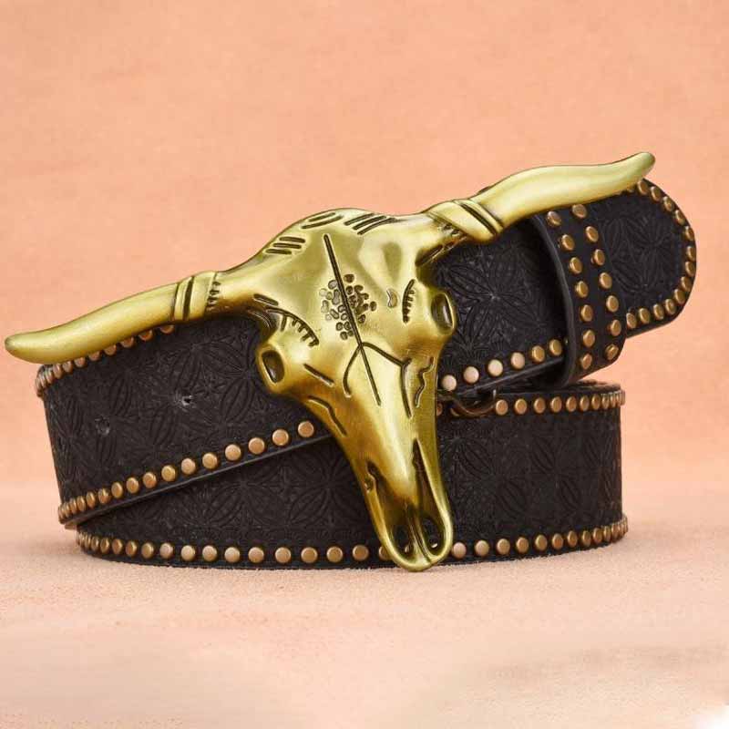 Punk Bull Head Buckle PU Leather Embossed Belt 01 | Gthic.com