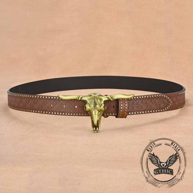 Punk Bull Head Buckle PU Leather Embossed Belt 02 | Gthic.com
