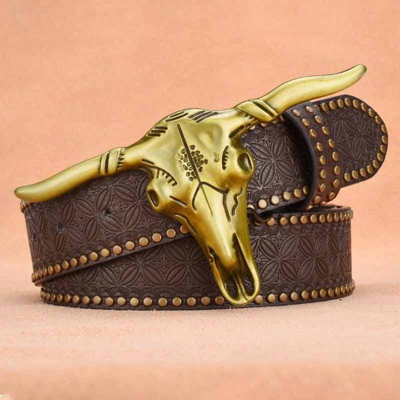 Punk Bull Head Buckle PU Leather Embossed Belt 03 | Gthic.com