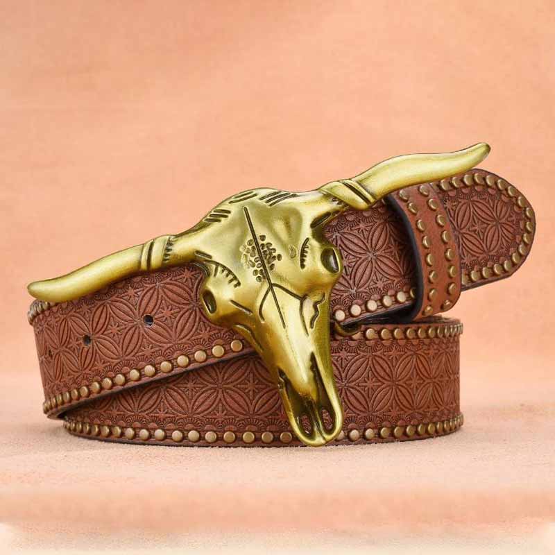 Punk Bull Head Buckle PU Leather Embossed Belt