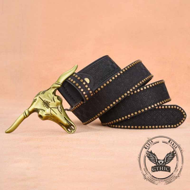 Punk Bull Head Buckle PU Leather Embossed Belt