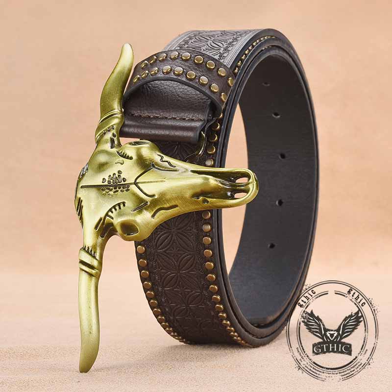 Punk Bull Head Buckle PU Leather Embossed Belt